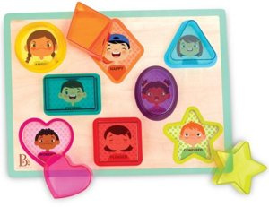 Drewniana układanka kształty i emocje kolorowy filtr Peek & Explore – Shapes & Emotions B.Toys BX2216Z