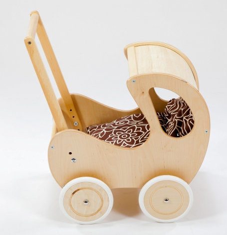 Brązowy, głęboki wózek z drewna dla lalki - zabawki dla dziewczynek